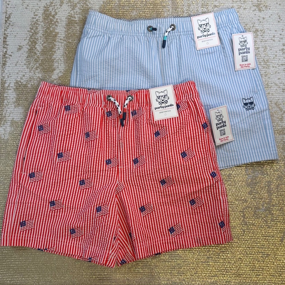 PARTY PANTS Boys Swim Trunk Bundle NWT Medium Red White Blue Seersucker 4th July